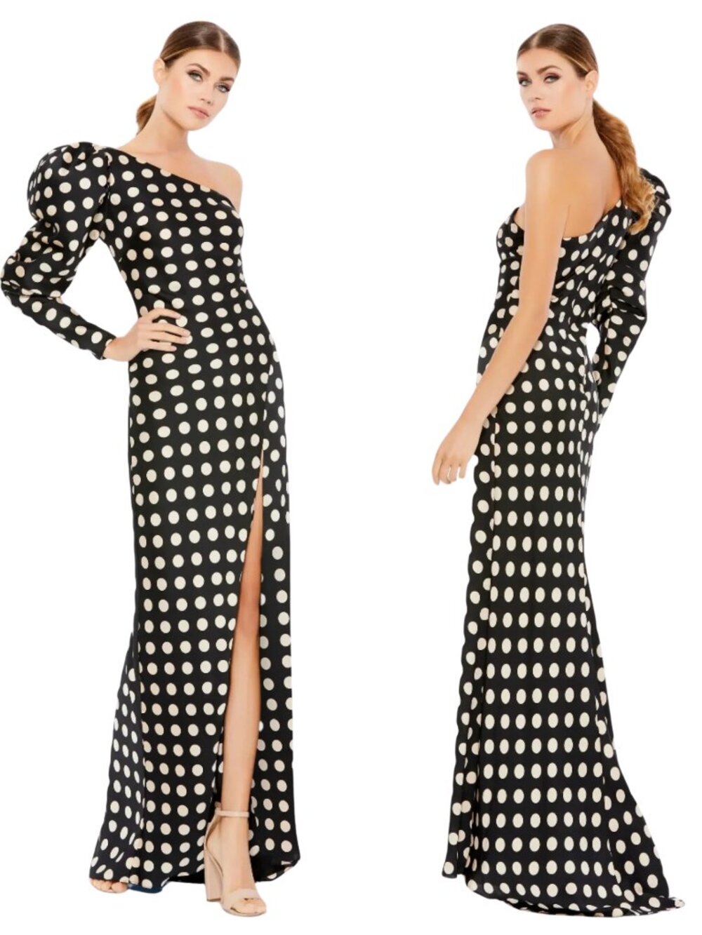 NWT $398 IEENA Mac Duggal One-Shoulder Polka Dot Sheath Gown Black, Size 8